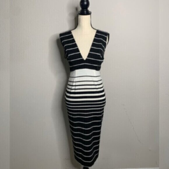 Nicholas Women’s Black & White Striped Midi Plunging V-Neck and Open Back Dress - Picture 7 of 15